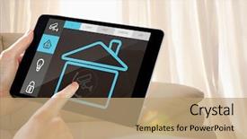  Presentation with shining light - Beautiful PPT layouts featuring man using tablet pc against light shining into living room backdrop and a coral colored foreground