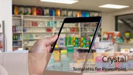  Presentation with pharmacy tablet - Audience pleasing slide deck consisting of man using tablet pc backdrop and a coral colored foreground