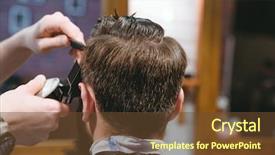  Presentation with haircut - Slide set featuring man using trimmer in barbershop background and a tawny brown colored foreground