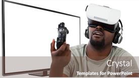  Presentation with monitor computer - Colorful PPT theme enhanced with man using virtual reality headset backdrop and a tawny brown colored foreground