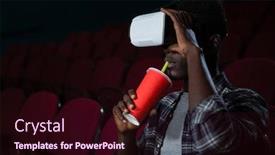  Presentation with theatre - Cool new PPT layouts with man using virtual reality headset while watching movie in theatre backdrop and a wine colored foreground