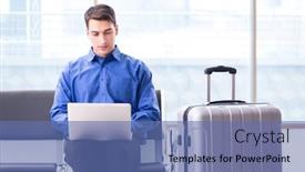  Presentation with airport lounge - Slide set consisting of man wairing to boarding in airport lounge room background and a ocean colored foreground