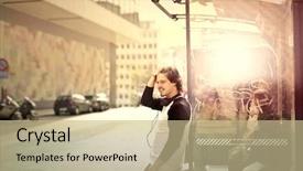  Presentation with bus stop - PPT theme consisting of man waiting at the bus background and a mint green colored foreground