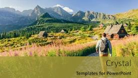  Presentation with walking trail - PPT theme consisting of man walking on hiking trail in tatra mountains in poland dolina gasienicowa valley background and a gold colored foreground