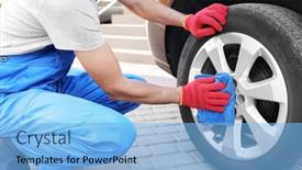  Presentation with automobile - Beautiful theme featuring man washing automobile wheel with rag outdoors backdrop and a light blue colored foreground