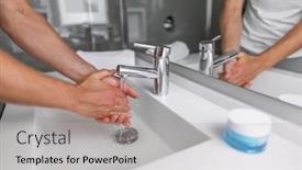  Presentation with water faucet - PPT theme with man-washing-hands-in-hot background and a light gray colored foreground