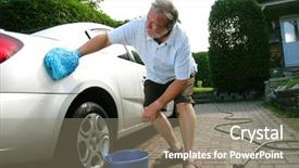 Presentation with sleepy yawning man driving car - Slides with man washing the silver car background and a gray colored foreground