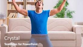  Presentation with football - PPT theme having man-watching-football-at-home background and a coral colored foreground