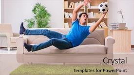  Presentation with football - Beautiful slide deck featuring man watching football at home backdrop and a coral colored foreground