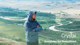  Presentation with global warming - Presentation theme consisting of man watching to glacier in altai mountains resting in mountains or global warming concept background and a seafoam green colored foreground