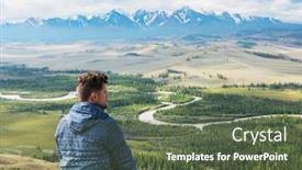  Presentation with global warming - Colorful presentation enhanced with man watching to glacier in altai mountains resting in mountains or global warming concept backdrop and a tawny brown colored foreground