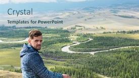  Presentation with global warming - Presentation design having man watching to glacier in altai mountains resting in mountains or global warming concept background and a light blue colored foreground