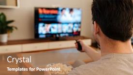  Presentation with popcorn - Presentation design with man-watching-tv-and-eating background and a coral colored foreground