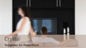  Presentation with lockdown - PPT theme featuring man-watching-tv-at-home background and a coral colored foreground