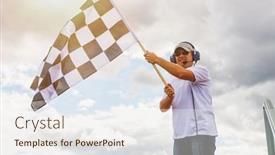  Presentation with checkered flag - Beautiful PPT layouts featuring man-waves-a-checkered-flag backdrop and a sky blue colored foreground