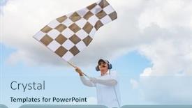  Presentation with checkered flag - Colorful PPT theme enhanced with man-waves-a-checkered-flag backdrop and a sky blue colored foreground