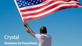  Presentation with american flag waving - PPT theme consisting of man waving a usa flag background and a teal colored foreground