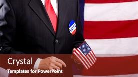  Presentation with election - Beautiful presentation featuring man wearing a blue business suit and tie with a vote button election day background or concept backdrop and a tawny brown colored foreground