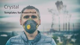  Presentation with pollution air - Amazing PPT theme having man wearing a real anti-pollution anti-smog and viruses face mask dense smog in air backdrop and a light gray colored foreground