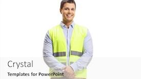  Presentation with food safety and security - Slide set enhanced with man wearing a safety vest and looking at the camera isolated on white background background and a white colored foreground