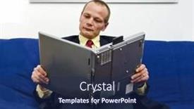  Presentation with book - Audience pleasing PPT theme consisting of man-wearing-a-suit-reading backdrop and a navy blue colored foreground