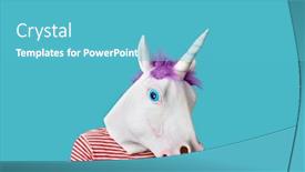  Presentation with unicorn - Presentation theme consisting of man-wearing-a-unicorn-mask background and a teal colored foreground