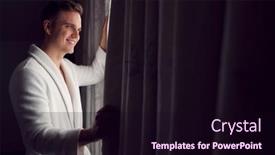  Presentation with hotel - Colorful presentation theme enhanced with man-wearing-bathrobe-on-hotel backdrop and a wine colored foreground