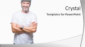  Presentation with cyclist - Amazing PPT theme having man wearing bike safety helment backdrop and a  colored foreground