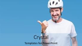  Presentation with triathlon professional cyclist man cycling - Theme with man wearing bike safety helment background and a light blue colored foreground