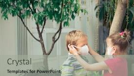  Presentation with virus infection - Cool new presentation theme with man-wearing-facial-disposable-mask backdrop and a light gray colored foreground