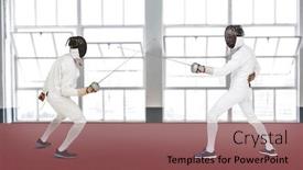  Presentation with sword - Slide deck consisting of man wearing fencing suit practicing with sword against gym background and a violet colored foreground