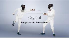  Presentation with sword - Audience pleasing PPT layouts consisting of man wearing fencing suit practicing with sword against grey vignette backdrop and a sky blue colored foreground