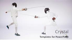  Presentation with sword - PPT theme with man wearing fencing suit practicing with sword against grey background background and a sky blue colored foreground