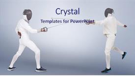  Presentation with sword - Presentation theme having man wearing fencing suit practicing with sword against grey vignette background and a sky blue colored foreground