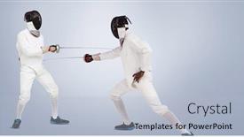  Presentation with sword - Theme consisting of man wearing fencing suit practicing with sword against grey vignette background and a light blue colored foreground