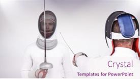 Presentation with sword - Amazing PPT layouts having man wearing fencing suit practicing with sword against grey background backdrop and a lemonade colored foreground