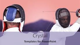  Presentation with sword - PPT theme having man wearing fencing suit practicing with sword against blurred mountains background and a light blue colored foreground