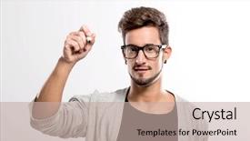  Presentation with one young man exercising handball - Slide deck with man wearing glasses and writting background and a mint green colored foreground