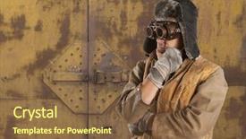  Presentation with steampunk - Presentation theme having man wearing glasses post-apocalypse background and a tawny brown colored foreground