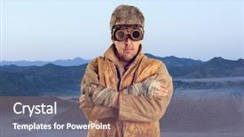  Presentation with steampunk - PPT layouts consisting of man wearing glasses post-apocalypse background and a coral colored foreground