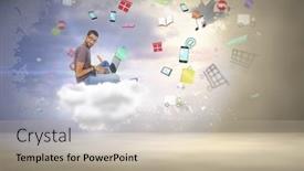  Presentation with floor - Cool new slide deck with man wearing glasses sitting on floor using laptop and looking at camera against splash on wall revealing bright sky backdrop and a mint green colored foreground