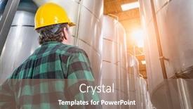  Presentation with hat - Colorful slide deck enhanced with man-wearing-hard-hat-looking backdrop and a coral colored foreground