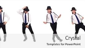  Presentation with hat - Amazing PPT layouts having man wearing hat and suspenders backdrop and a white colored foreground