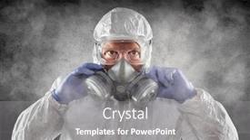  Presentation with hazmat - Audience pleasing PPT theme consisting of man-wearing-hazmat-suit-goggles backdrop and a gray colored foreground