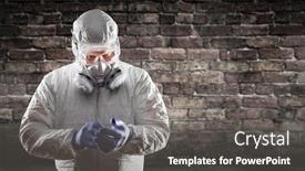  Presentation with hazmat - Cool new PPT layouts with man-wearing-hazmat-suit-protective backdrop and a dark gray colored foreground