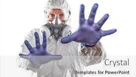  Presentation with hazmat - Theme having man-wearing-hazmat-suit-protective background and a light gray colored foreground