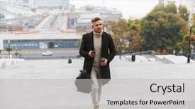  Presentation with upstairs - Presentation with man wearing jacket walking upstairs background and a light gray colored foreground