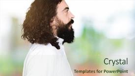  Presentation with jesus face - Audience pleasing PPT theme consisting of man wearing jesus christ costume backdrop and a soft green colored foreground