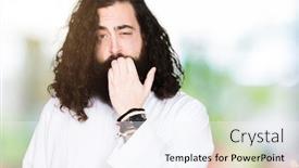  Presentation with jesus christ - Audience pleasing PPT theme consisting of man wearing jesus christ costume looking stressed and nervous with hands on mouth biting nails anxiety problem backdrop and a sky blue colored foreground
