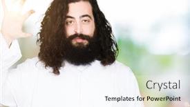  Presentation with jesus christ - Presentation design consisting of man wearing jesus christ costume smiling and confident gesturing with hand doing size sign with fingers while looking and the camera measure concept background and a sky blue colored foreground